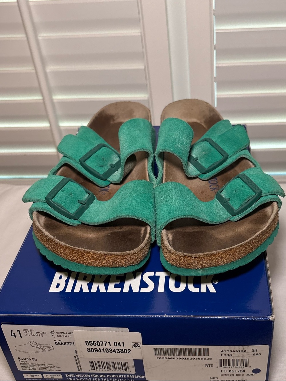 Birkenstock Arizona Suede Double-Buckle Sandals in Teal Green